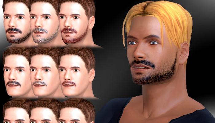 Male face customization screen with hairstyles and beard options.