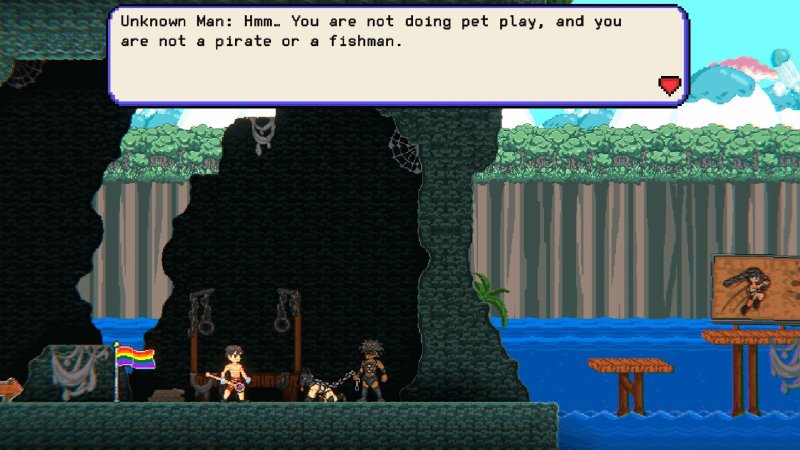 Pixel-art dialogue scene with character silhouette under an archway — Boyfriend's Rescue screenshot.