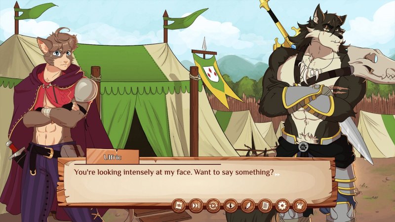 Illustrated fantasy adventurers discussing events near a campsite — Burrow of the Fallen Bear screenshot.