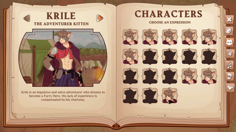 Character profile book page with a gallery of furry cast portraits — Burrow of the Fallen Bear screenshot.