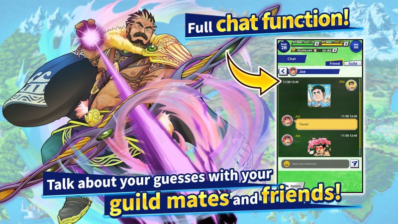 In-game chat interface and multiplayer party artwork — Crave Saga X - Master of Bonds screenshot.