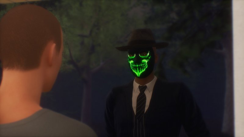 Adult 3D character wearing a glowing mask in a dark room — Cuckold House screenshot.