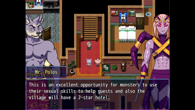 RPG dialogue between two illustrated anthro fantasy characters — Cumming Hotel screenshot.