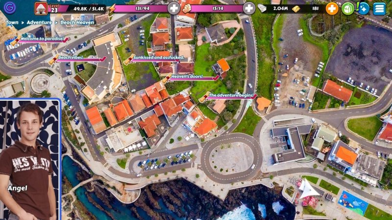 Overhead browser game city map and icons — Gay Pornstar Harem screenshot.