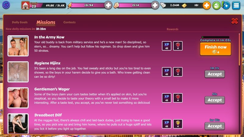 In-game activity and choice menu with male character photos — Gay Pornstar Harem screenshot.