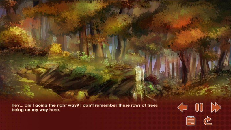 Painted forest background from the visual-novel story — Run, Kitty! screenshot.
