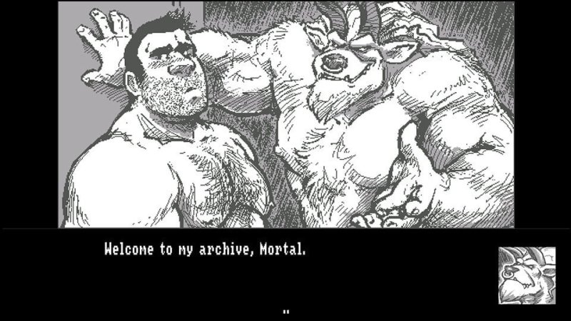 Black-and-white adult male character portraits and narration — See No Evil screenshot.
