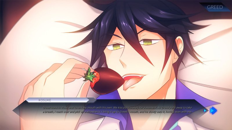 Anime-style adult male character portrait with romance dialogue — Sinsations screenshot.