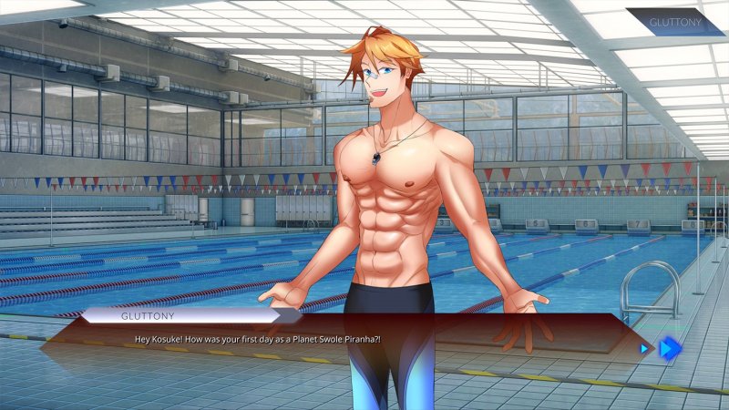 Shirtless male character outdoors in a sunny poolside scene — Sinsations screenshot.