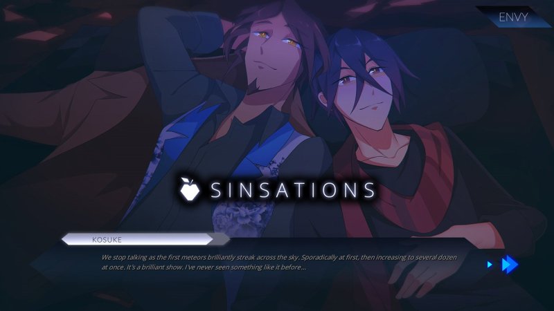Game title screen featuring two adult male characters — Sinsations screenshot.
